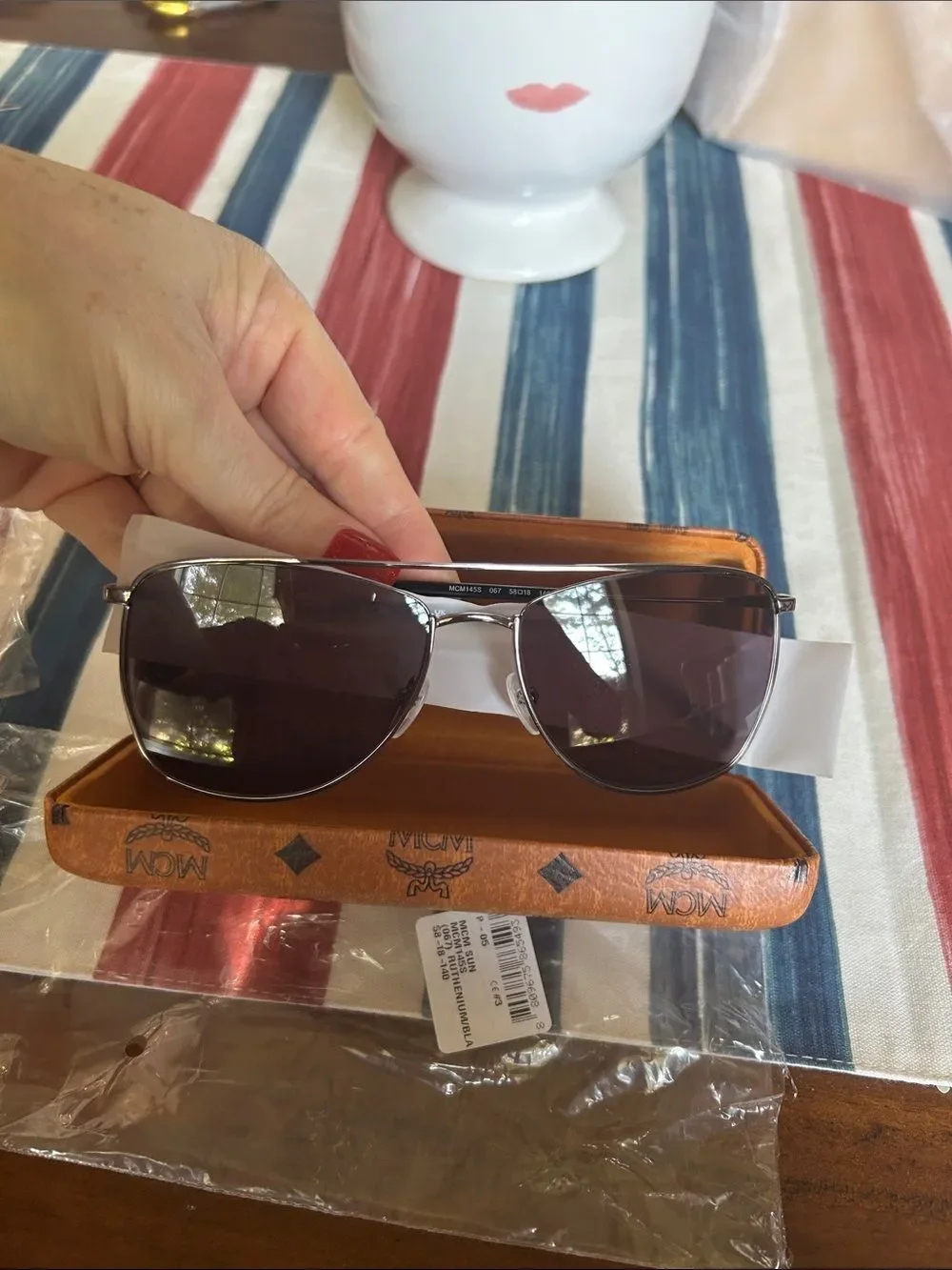 MCM aviator glasses with Cognac Logo Leather Eyewear Case with Gold Plaque new